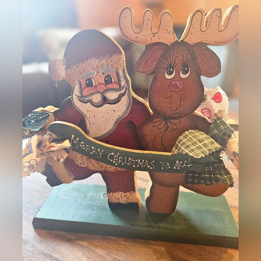 Handmade Cozy Christmas Decor Santa Rudolph Hand Painted Country Cottage Wooden